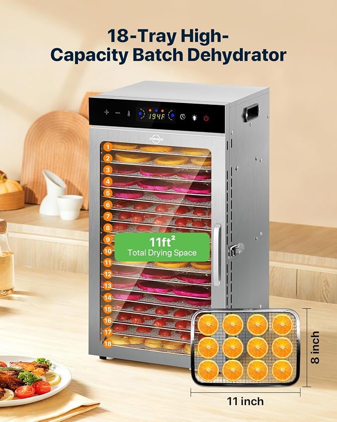 Food Dehydrator Machine 18Tray, 800W Dual Fan Fast Drying, 24H Timer, 86-194℉ Control, Noise Below 45dB, LED Panel, Stainless Steel Dehydrators for Food and Jerky Herb Meat Fruit, Rectangular