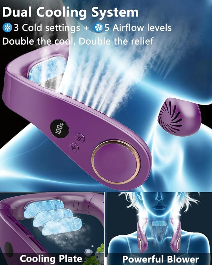 Neck Fans that Blow Cold Air,5500mAh Whisper Quiet Fan,5 Speeds & 3 Cooling Modes, USB-C Quick Charge,LED Shows Battery & Speed, 360° Airflow, Lightweight Wearable AC for Women Men Adults Kids Purple