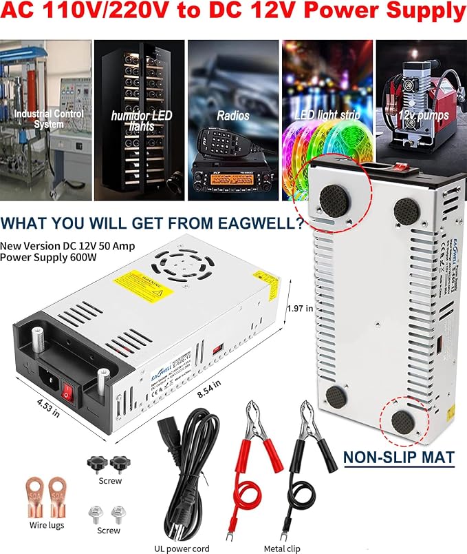 EAGWELL New Version 110V AC to 12V DC Converter 600W Power Supply 50A | Universal SMPS Transformer for RV, Pump, LED Strip, CCTV, Car Stereo,Diesel Heater Power Supply