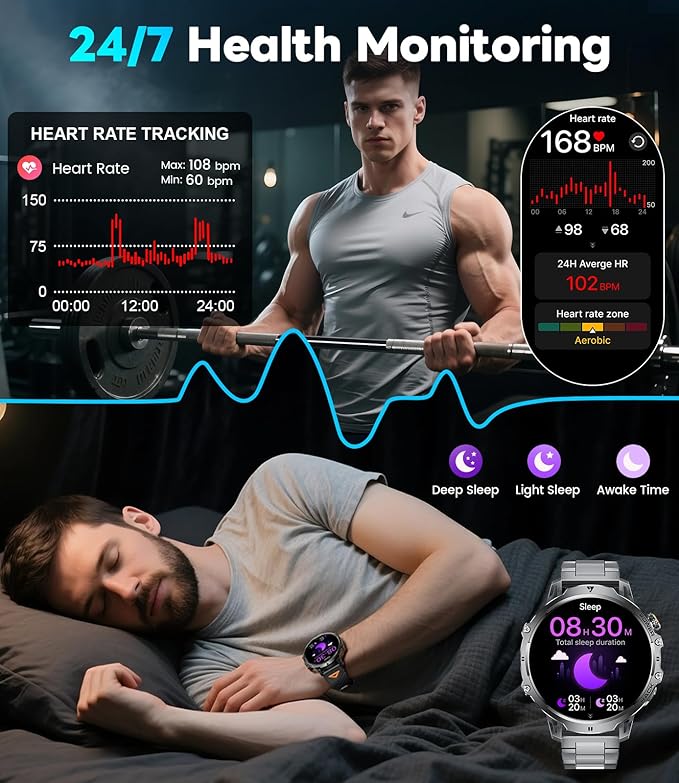 LIGE Military Smart Watches for Men(2 Bands),1000mAh/1.85" HD Large Screen Smartwatch, Flashlight/110+ Sports Modes/IP68 Waterproof/Sleep Monitor, Fitness Tracker Watch for Android iOS,Matte Black