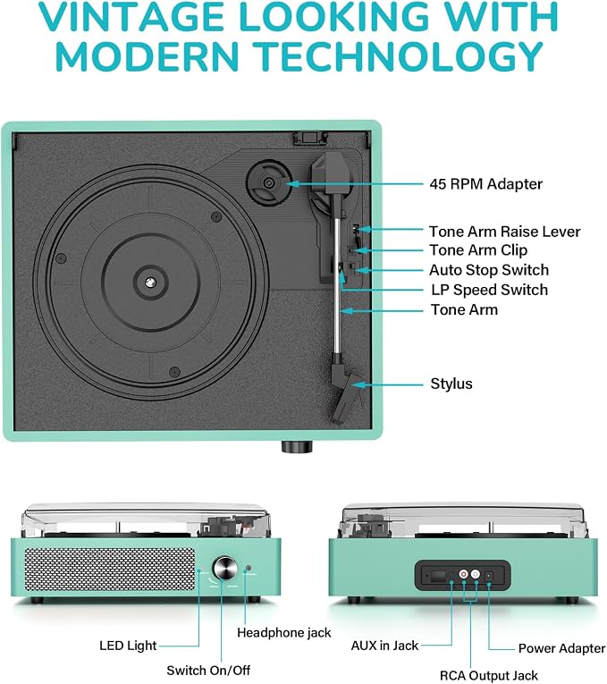 Record Player for Vinyl with 2 Build-in Speakers LP Vinyl Players Belt-Driven Vintage Turntables 3 Speed 3 Size, Wireless Bluetooth Playback, AUX-in, RCA Out, Headphone, Auto Stop,Water Blue