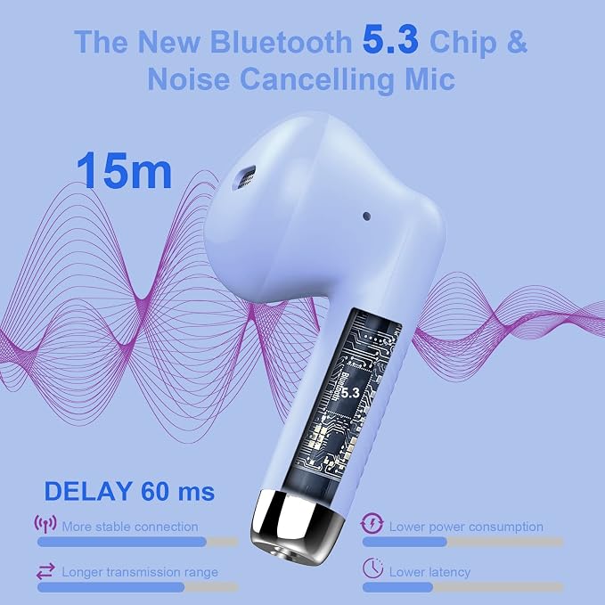 Jxrev Wireless Earbuds, Bluetooth 5.3 Headphones in Ear with Noise Cancelling Mic, Earbuds Stereo Bass, IP7 Waterproof Sports Earphones, 32H Playtime USB C Charging Buds White for Android iOS Purple