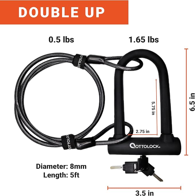 OTTOLOCK Sidekick Compact U-Lock and Cable Bundle - Lightweight Anti-Theft Bike Lock for Road, Mountain & Electric Bikes with Keys, Black