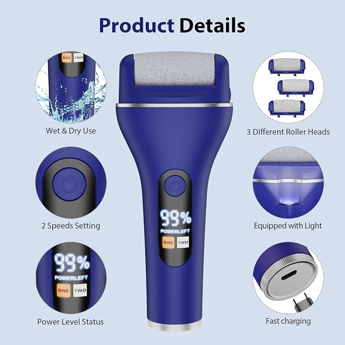 AdamPark Electric Callus Remover for Feet, Rechargeable Portable Electronic Foot Callus Remover 2-in-1 Wet/Dry Foot Scrubber Electric Toot File for Hard Cracked Dry Dead Skin（Blue）