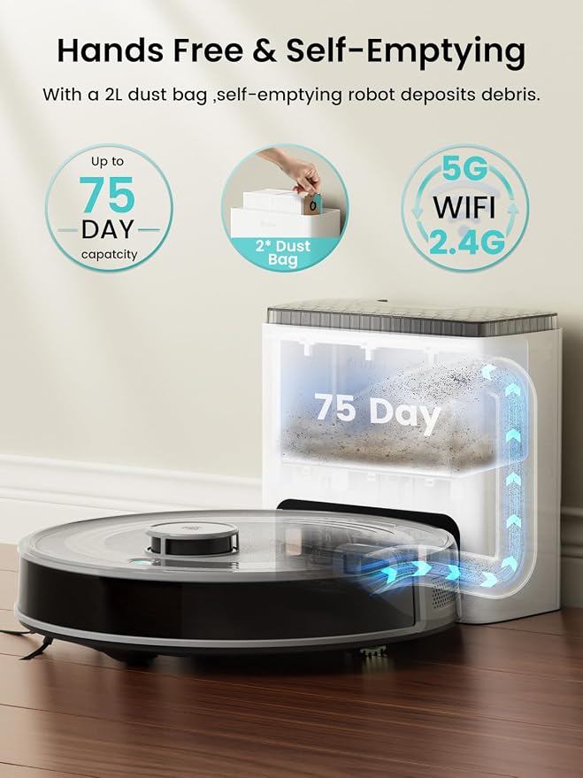 Lefant LiDAR Robot Vacuum and Mop Combo, 10000Pa Suction, 75-Day Self-Emptying Base with Multi-Floor Mapping, 240Min Runtime, Ideal for Pet Hair & Carpets, Wi-Fi/Alexa/App Control, M2S Plus
