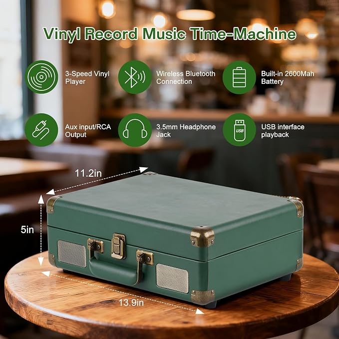 Record Player Portable with Bluetooth Connection USB Playback and Built in Rechargeable Battery 3 Speed Turntable Suitcase Design Vinyl Player with Built in Speakers for Home or Travel