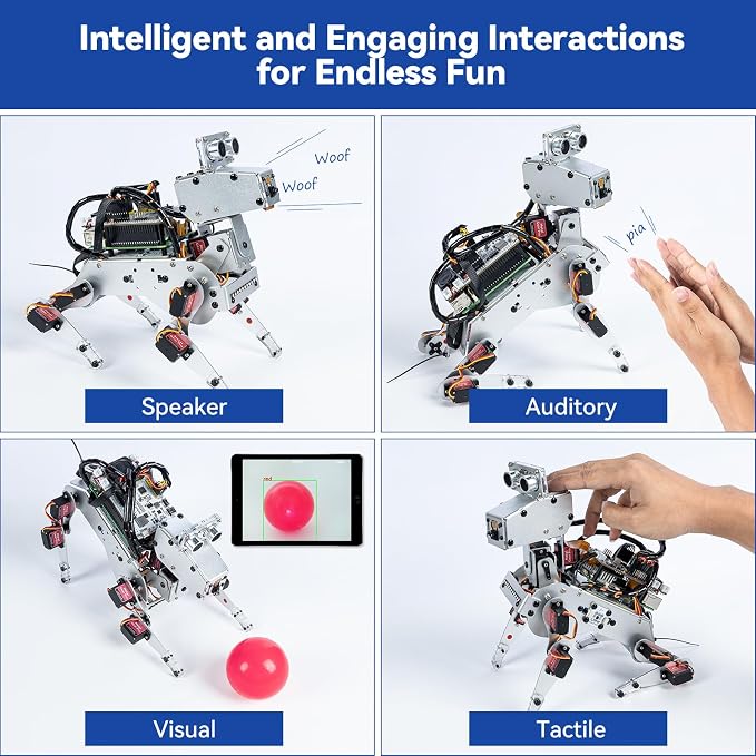SunFounder PiDog AI Robot Dog Kit for Raspberry Pi 5/4/3B+/Zero 2W, Openclaw LLMs ChatGPT/Gemini/Grok, Voice&Video Recognition, Python, App, Gyroscope, Camera (RPI NOT Included)
