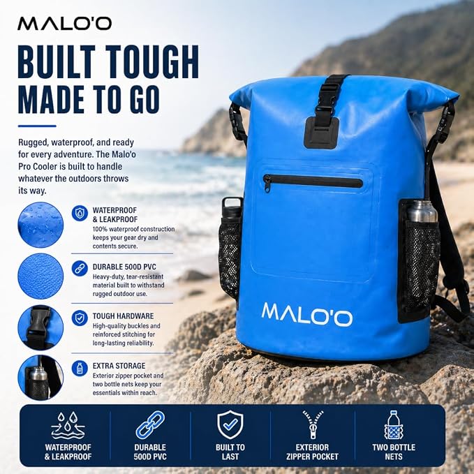 Malo’o Pro Insulated Backpack Cooler, Leakproof Soft Cooler Backpack for Camping, Fishing, Hiking, Kayaking, Beach