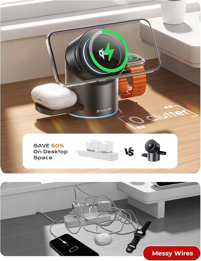 MAGIC JOHN 3 in 1 Charging Station for Apple, Qi2 15W iPhone Wireless Charging Station, Magsafe Charger Stand for iPhone 17 Pro Max 16 15 14 13 12 - Apple Watch iWatch Ultra - AirPods 2/3/4/Pro
