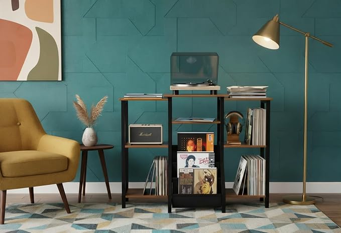 Record Player Stand With Vinyl Storage - Tall 36" Turntable Cabinet With Storage - Mid Century Modern Record Player Table - Vinyl Record Storage Shelf For 300+ Albums