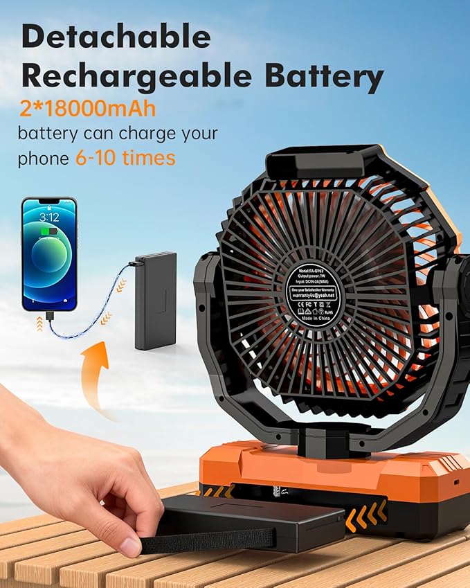 3-in-1 Camping Fan - 36000mAh Detachable Portable Fan Rechargeable with Light & Hook, Battery Powered Fans for Outdoor, Indoor, Tent, Fishing, Travel, Hurricane, Summer Gifts for Men - Orange