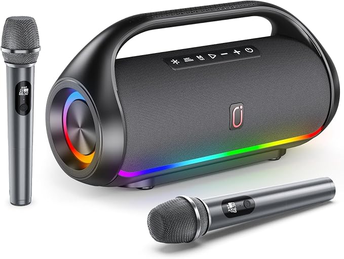 HWWR Portable Bluetooth Speaker with 2 Wireless Microphones, Loud Portable Speakers System, Deep Bass, Echo & Vocal Cut, IPX5 Water Resistant Outdoor Party PA Audio for Adults Kids Home Singing