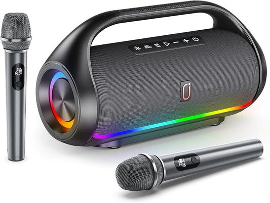 HWWR Portable Bluetooth Speaker with 2 Wireless Microphones, Loud Portable Speakers System, Deep Bass, Echo & Vocal Cut, IPX5 Water Resistant Outdoor Party PA Audio for Adults Kids Home Singing