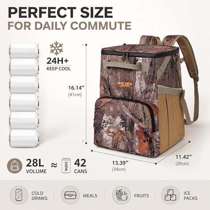 Backpack Cooler, 42 Can 16mm Leakproof Soft Cooler Backpack, Waterproof & Lightweight Camo Lunch Backpack for Work, Fishing, Beach, Day Trips, Large Capacity with Dry/Wet Storage