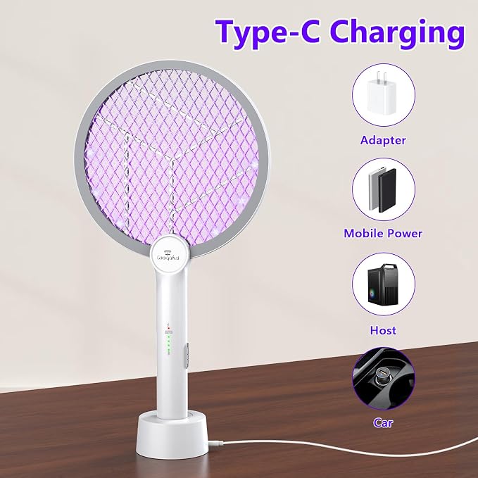 Bug Zapper Racket, 2 Mode Electric Fly Swatter with USB Rechargeable, 4000V Fly Zapper with 3 Layer Safety Mesh, Bug Zapper Racket for Indoor, Outdoor.