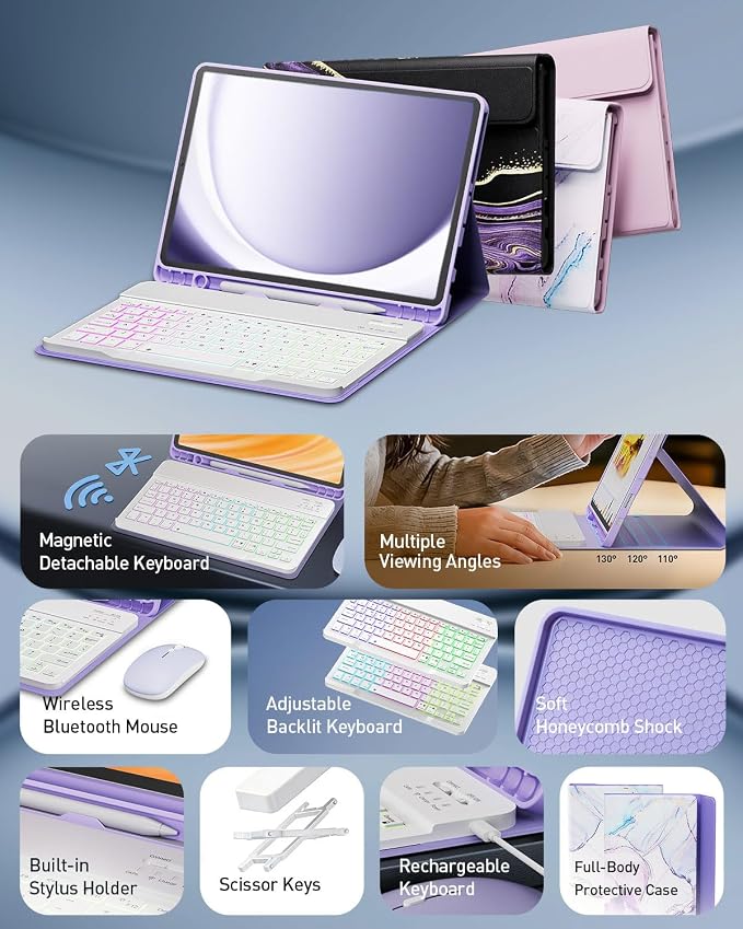 Keyboard Case for Samsung Galaxy Tab A11 Plus 11 Inch 2025/ A9+ Plus 2023 Tablet, Detachable Rainbow Backlit Wireless Keyboard and Mouse, Slim Stand Cover with S Pen Holder (Purple Marble)