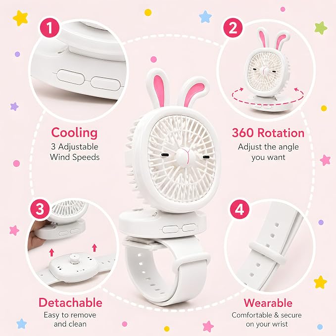 Wearable Personal Fan, Portable Handheld Fan USB Rechargeable, Wrist Fans with LED Lights, Mini Portable Fan for Kids & Adults, Fan for Travel Theme Park Essentials, Bundle 3 Pack