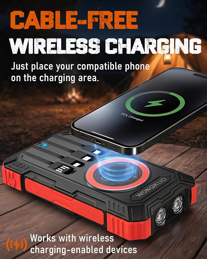 Solar Charger Power Bank - 49800mAh Solar Phone Charger with USB-C in/Output, QC 3.0 Fast Charging with LED Flashlight, Built-in 4 Cables, IP65 Waterproof Fits for Outdoor (Flash Red)