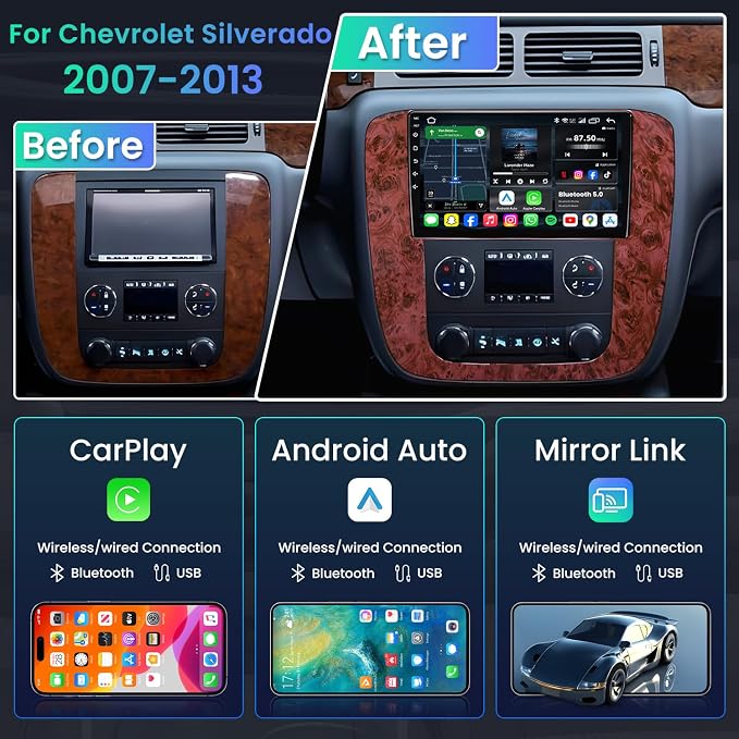 8Core 4+64GB Android 15 Radio for 2007-2013 Chevy Tahoe Suburban: Silverado GMC Yukon: 9" 1280 * 800P IPS Touchscreen Wireless CarPlay Android Auto FM/AM/DSP 5G WiFi Bluetooth GPS Backup Camera SWC