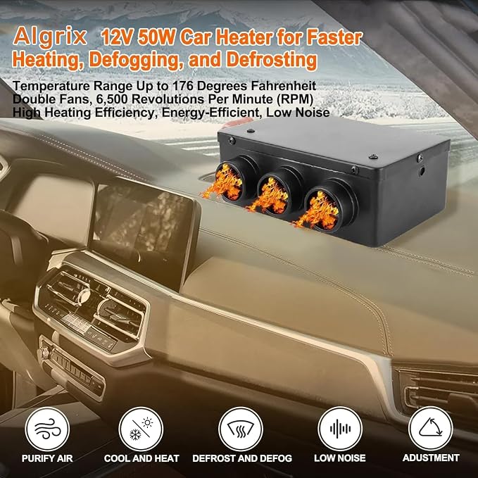 Algrix 12V 50W Car Truck Heater, 3 Ports 80 CFM Airflow 8500 BTU Universal Parking Heater with Mounting Accessories for VehiclesTruck Boat RV, Portable Car Heater Windshield Defogger Defroster