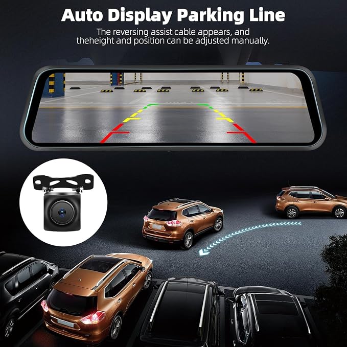 3 Channel 9.66'' WiFi Mirror Dash Cam with Front and Rear Camera IPS Touch Screen,Triple Rear View Mirror Camera with App Recording,64GB TF Card,Loop Recording,Night Vision, G-Sensor Parking Monitor
