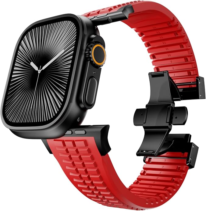 Silicone Watch Band Compatible with iWatch Ultra 2 / Ultra/Series 10 9 8 7 (44mm 45mm 46mm 49mm), Sport bands with Folding buckle, Rugged Heavy Duty Modern Design for Men