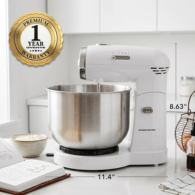 OVENTE Electric Stand Mixer with 3.5 Quarts Stainless Steel Mixing Bowl, 5 Speed Portable and Lightweight 250W Kitchen Mixer for Everyday Use, Includes 2 Egg Beater Whisk and Dough Hook, White SM680W