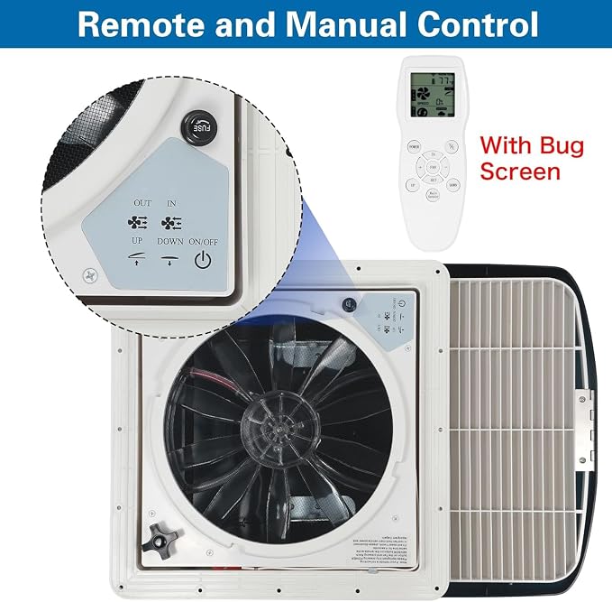 Remote Control RV Roof Vent Fan with Rain Shield, 12V DC 14" Quiet RV Roof Fan, 10-Speed, Reversible