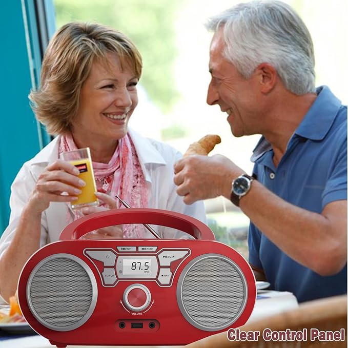 Portable CD Player Boombox with Bluetooth, FM Radio, USB Input, 3.5mm AUX and Headphone Jack, Clear Stereo Sound