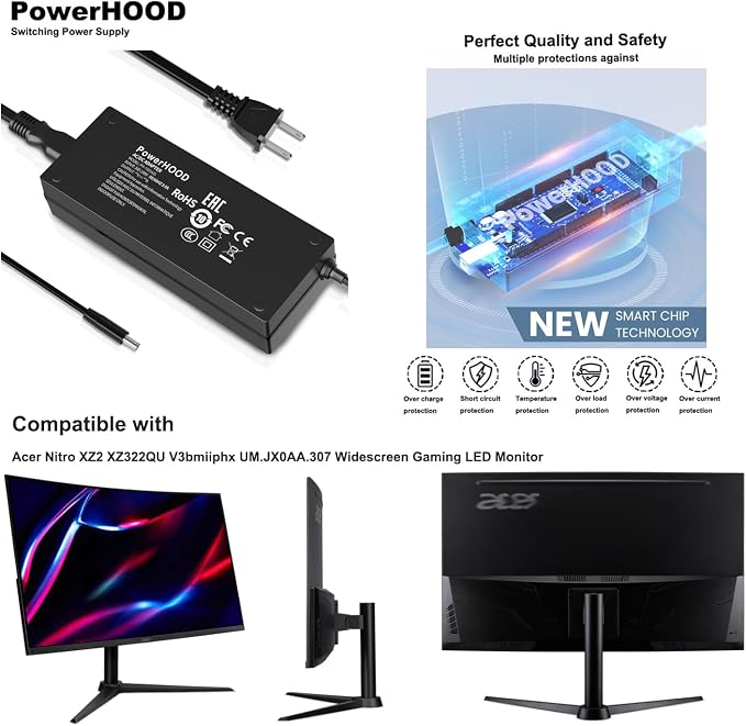 AC Adapter for Acer Nitro XZ2 XZ322QU V3bmiiphx UM.JX0AA.307 Gaming Monitor | 31.5" WQHD Curved Widescreen Gaming LED Monitor 12V DC12V 12.0V 12 Volt 12 Volts Switching Power Supply Cord Charger