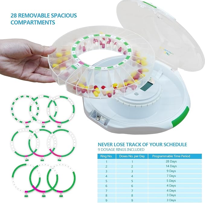 EziMedPil Bluetooth Automatic Pill Dispenser with App, Alarm, Light Alerts | Caregiver Tracks Adherence History on App, 28-Day Organizer with Clear Locked Lid & Clear LCD Monitoring Friendly for Seniors