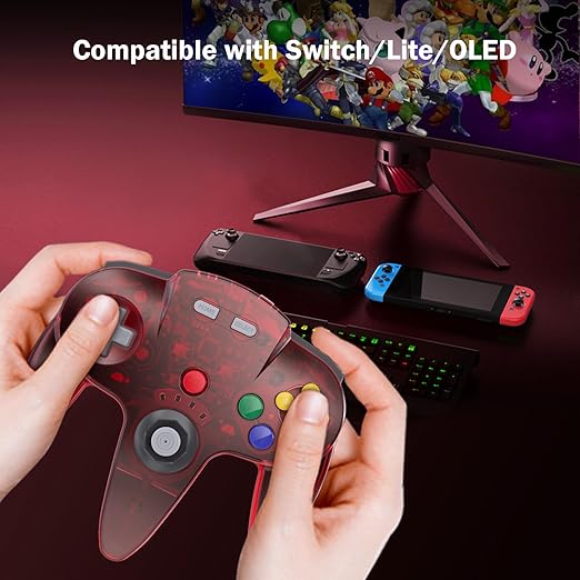 KIWITATA N64 Wireless Controller for Switch Games, 2.4GHZ Rechargeable N64 Remote Joystick Wireless Gamepad Controller Compatible with N64 System, Raspberry Pi, MAC,PC Windows 7,8,10,11 Clear Red