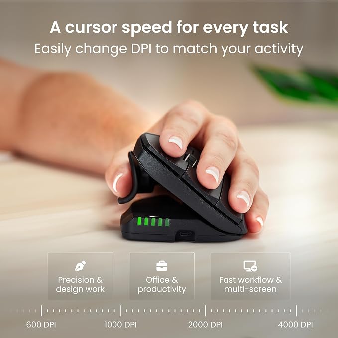Contour Unimouse Ergonomic Vertical Mouse Adjustable 35°-70° Tilt Angle, 6 Programmable Buttons for Productivity, Customizable Thumb Rest for Wrist Pain Relief | Plug & Play Mac/PC - Wireless - Left