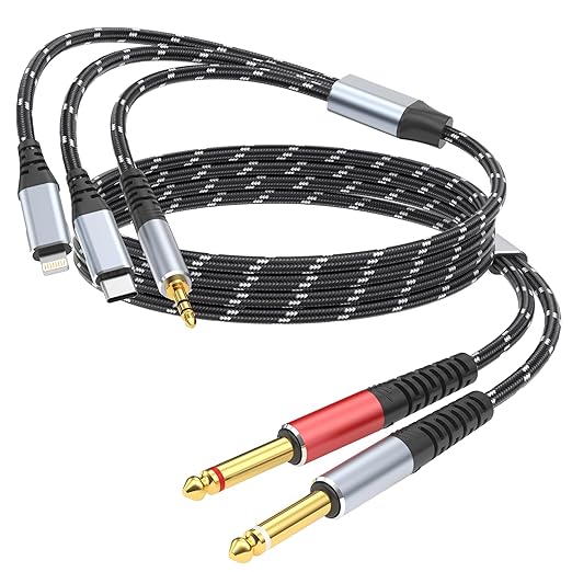 Lightning to Dual 6.35mm 1/4" TS Mono Stereo Y-Cable Splitter,3 in 1 to Dual 1/4-inch Audio Cable, Compatible with smartphones, computers, phones/Pads Amplifiers,speakers,headphones,mixing 3.3FT