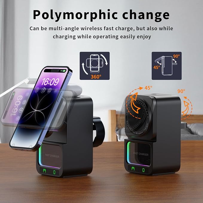 4 in 1 Magnetic Wireless Charging Station, Foldable Wireless Charger Stand with Bluetooth Speaker for iPhone 16 15 14 13 Series for AirPods 3/2/Pro for Apple Watch Ultra/SE/9/8/7/6/5/4/3/2/1 (Black)