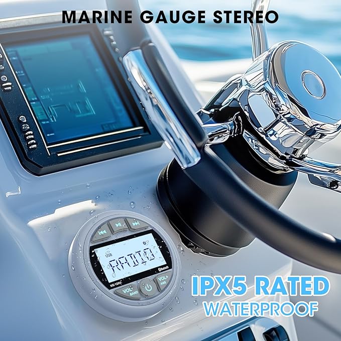 Bluetooth Marine Stereo Receiver: Waterproof Gauge Radio System - Digital MP3 Player 2.8 Inch LCD Display AM FM USB AUX Subwoofer for Boat ATV UTV Off-Road Vehicles
