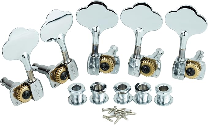 Guyker Bass Tuners (3R + 2L) - 1:22 Ratio Gear Open Frame Bass Drop Locking Machine Head Tuning Key Pegs Replacement for Electric Jazz Guitar Bass or Precision Instruments, BB100 Chrome