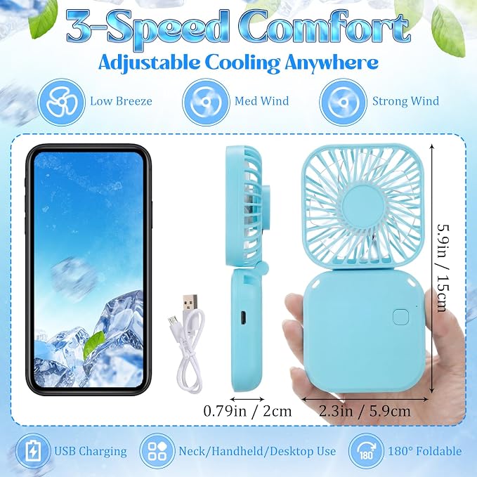 Hortsun 12 Personal Necklace Fan 12 Cooling Towels USB Rechargeable Battery 3 Speed Handheld Fan Portable Neck Hanging Fans Cooling Rags Bulk for Yoga, Sport, Camping, Fitness(Blue)