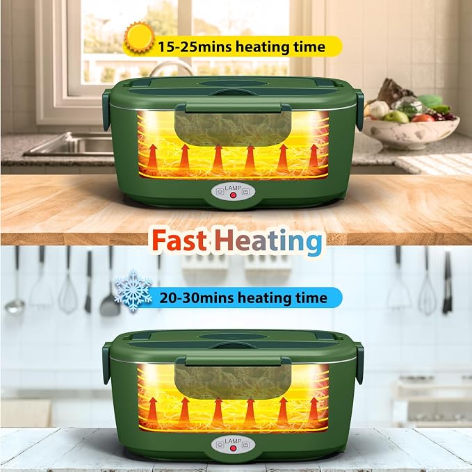 Sitlais Electric Lunch Box for Adults - Fast Heating Portable Food Warmer with 2 of 53oz 304 Stainless Steel Containers 12V/24V/110V Heated Lunch Box for Men&Women Work Office Truck Travel lonchera