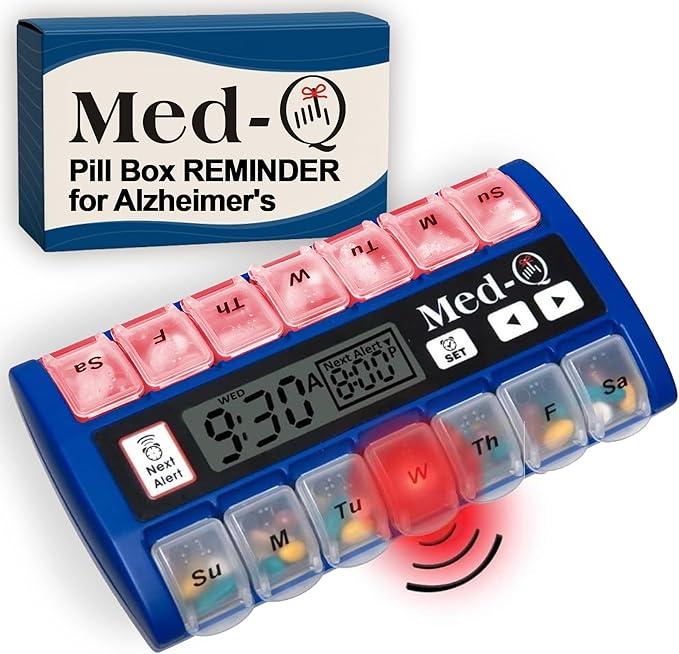Med-Q Weekly Pill Organizer with Alarms | Automatic Electronic Pill Box with AM/PM Compartments, Flashing Light, Sound Alerts | Dual Color Combo 2 User | Medication Reminder for Seniors - Blue/White