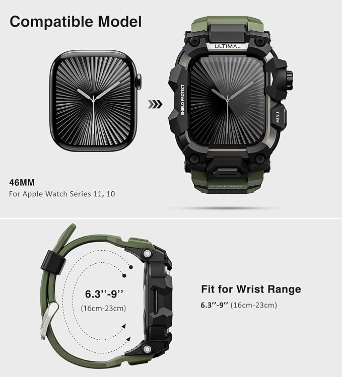 ULTIMAL Rugged Case with Band for Apple Watch 46mm,Compatible with Apple Watch Series 11/10, Military Grade Shockproof Bumper Cover for iWatch Tactical Band Men (Army Green, 46mm)