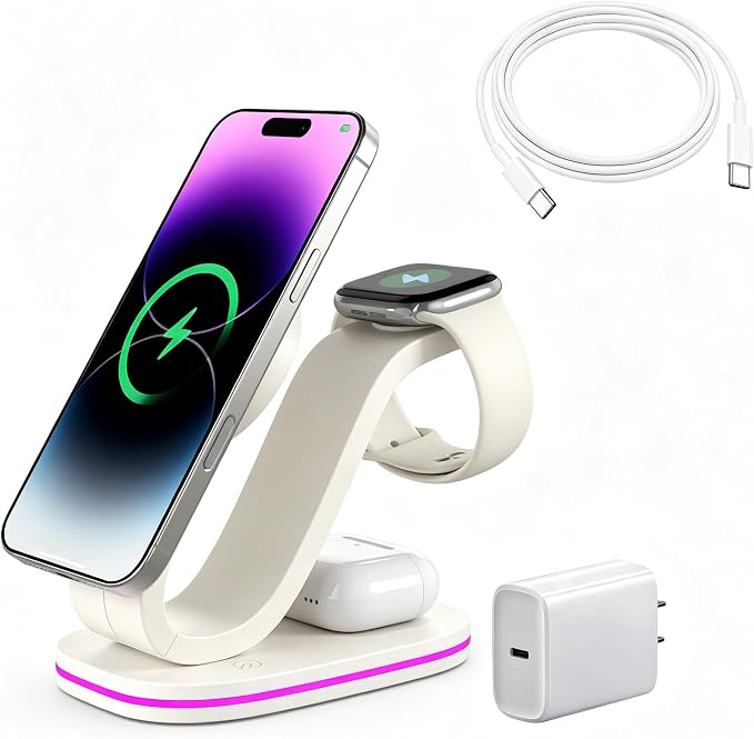 3 in 1 Charging Station for iPhone, 2026 New Fast 15W Wireless Charger Station Compatible Mag-Safe for iPhone 17 16 15 14 13 12 Wireless Charging Station for AirPods Wireless Charger for iWatch Series