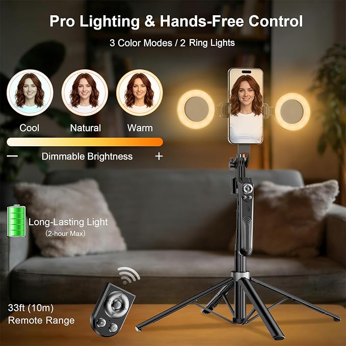71" Auto Face Tracking Tripod with Ring Light, 360° Rotation Phone Tripod with Remote & No App Required, Extendable Selfie Stick Tripod for iPhone/Camera, Live Streaming Equipment for TikTok/YouTube