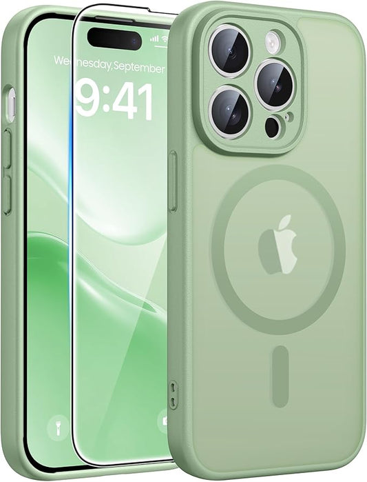 FNTCASE for iPhone 14 Pro Case: [Compatible with Magsafe] Translucent Matte Cases with [Full Camera Protection] [Screen Protector] Military Grade Shockproof Protective Phone Cover - Light Moss