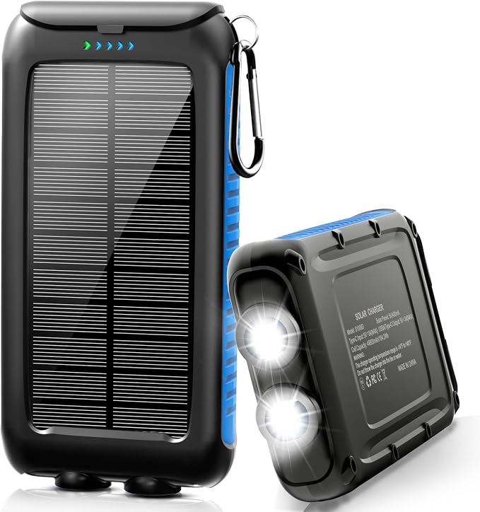 Solar Charger Power Bank 20000mAh Portable Wireless Charger with Built-in Cables, USB-C Fast Charging Battery Pack, Outdoor Phone Charger with Dual LED Flashlight for Camping, Hiking, Emergency (Blue)