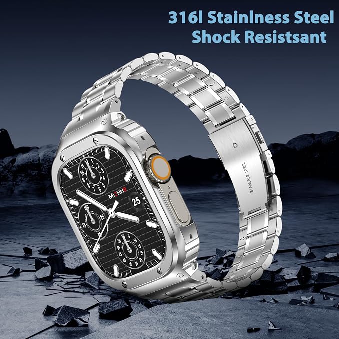 MioHHR Stainless Steel Watch Band with Case Compatible with Apple Watch Ultra3 2 1(49mm),Rugged Strap with Metal Protective Bumper Cover for iWatch Band Men(Silver)