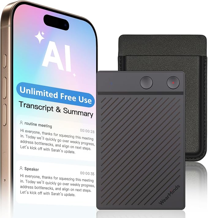 AI Voice Recorder, NoteCard Voice Recorder No Subscription, App Control, Real Time Transcribe & Summarize, Multi-Language, Deep AI Analysis for Meetings/Class/Lectures (Deep Gray)