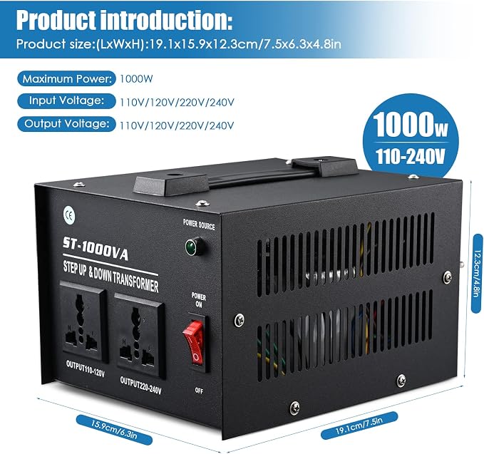 1000 Watt Voltage Transformer- Step Up and Down- Circuit Breaker Protection Universal Dual Output Step Up & Step Down Power Transformer 110V to 220V/220V to 110V