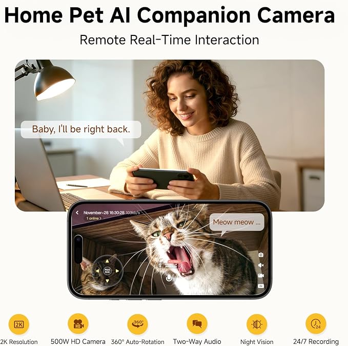 P0 Pet Camera: 2K 5MP AI Wireless WiFi Indoor Camera with 360° Pan-Tilt, Pet Behavior Recognition, Auto Tracking, Night Vision, Two-Way Audio & AI Photo Editing – Home Pet Monitoring Camera