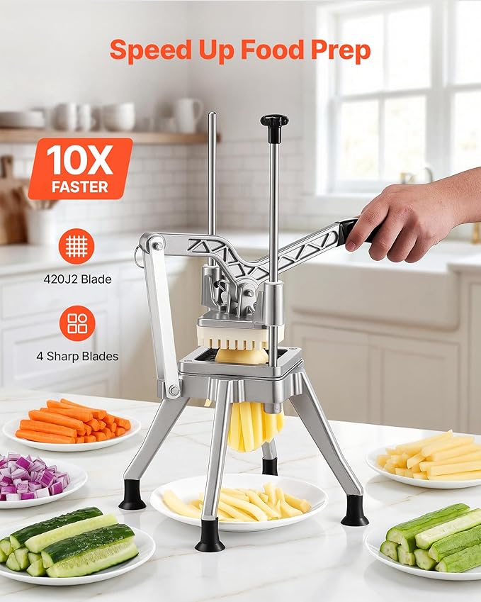 VEVOR French Fry Cutter, Commercial Vegetable Chopper with 4 Replacement Blades, 1/2", 3/8", 1/4" Blade Easy Dicer Chopper and 6-wedge Apple Corer, 420J2 Stainless Steel, for Restaurant Kitchen